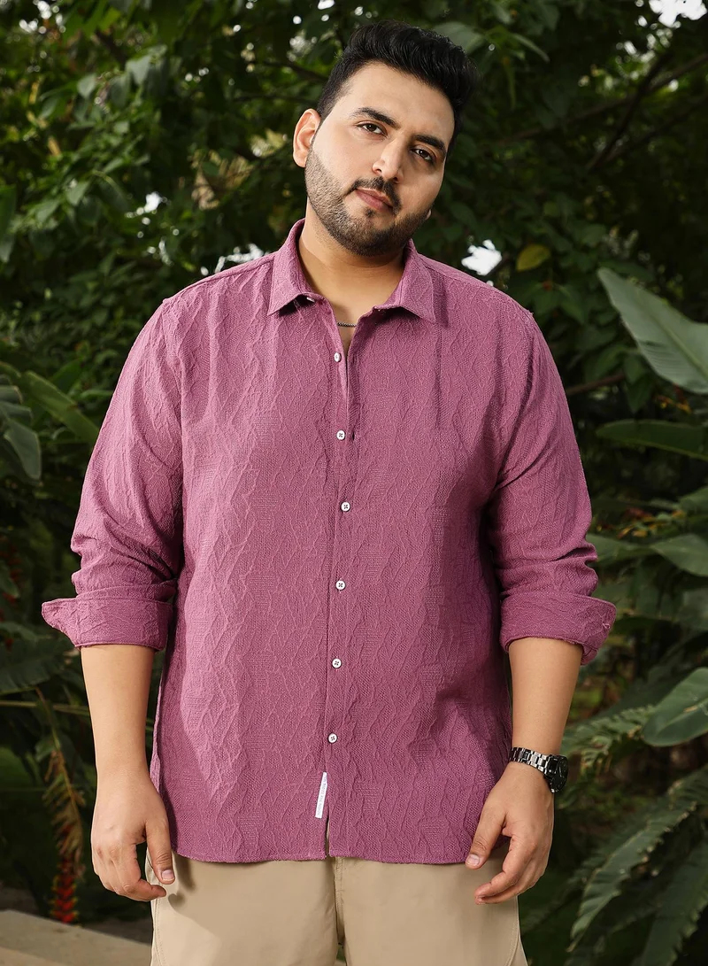 Instafab Plus Instafab Plus Men's Rouge Pink Geo-Abstract Jacquard Shirt | Spread Collar , Long Cuffed Sleeves , Button Closure , Curved Hemline | Solid Jacquard Cotton-Blend Material For Street & Casual Wear