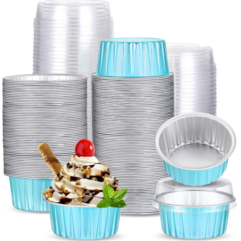 150 Pcs Aluminum Foil Baking Cup Disposable Ramekins with Lids 5oz Mini Cupcake Liners Flan Mold Mini Cake Pans with Lids Disposable Cake Tins for Pudding Desert Creme Brulee Blue Silver