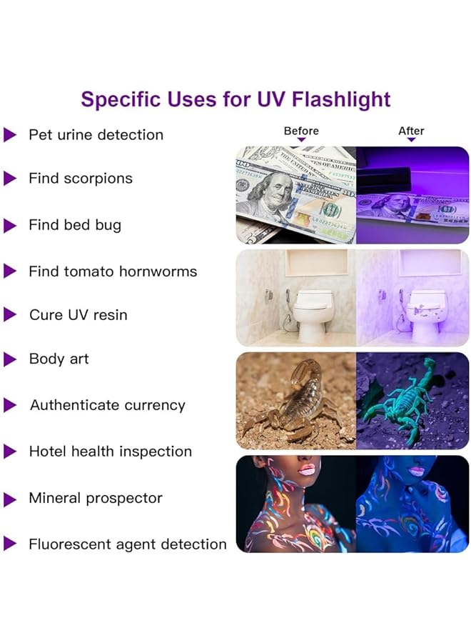 X spring UV Blacklight Flashlight 395nm Rechargeable Black Light with 3 Modes USB Portable UV Torch for Pet Urine Detection Resin Curing Scorpion Finding and Stain Identification - Image 5