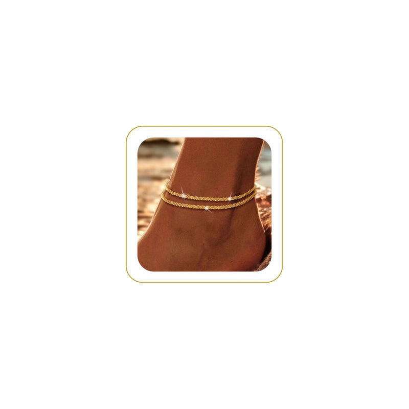 Robaice Gold Plated Ankle Bracelets for Women, Glitter Waterproof Adjustable Anklet for Women, Layered Summer Beach Anklets Jewelry for Women Gift - Image 1