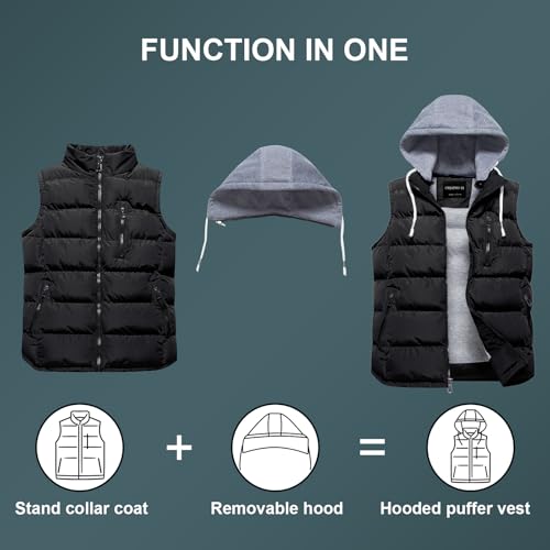CREATMO US Men's Casual Padded Vest Coats Outdoor Heavy Duty Hooded Vest Sleeveless Jacket Black XL - Image 4