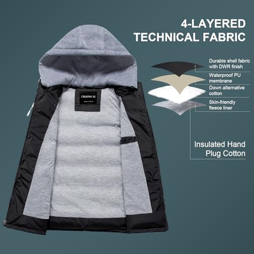 CREATMO US Men's Casual Padded Vest Coats Outdoor Heavy Duty Hooded Vest Sleeveless Jacket Black XL - Image 3