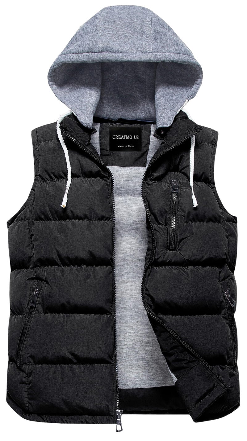 CREATMO US Men's Casual Padded Vest Coats Outdoor Heavy Duty Hooded Vest Sleeveless Jacket Black XL - Image 1