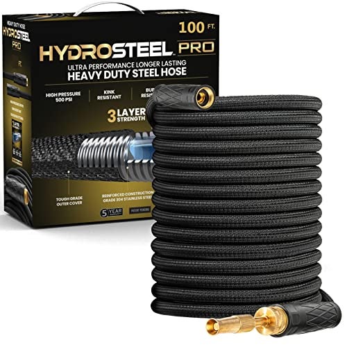 Emson HYDROSTEEL PRO 100 Ft Metal Garden Hose with Nozzle, Indestructible 3-Layer Stainless Steel Heavy Duty Water Hose 100 Ft x 5/8 in. Kink Free Design Will Not Kink, Flexible, NON Expandable, 500 PSI - Image 1
