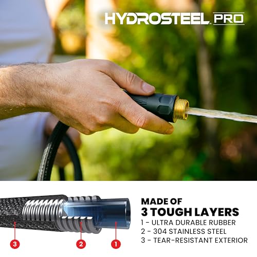 Emson HYDROSTEEL PRO 100 Ft Metal Garden Hose with Nozzle, Indestructible 3-Layer Stainless Steel Heavy Duty Water Hose 100 Ft x 5/8 in. Kink Free Design Will Not Kink, Flexible, NON Expandable, 500 PSI - Image 2