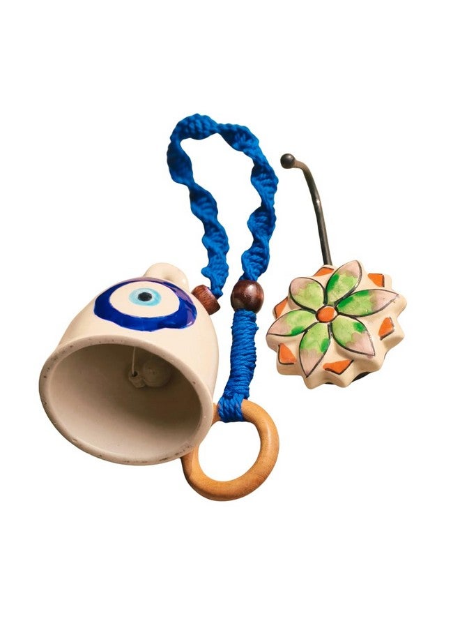 Shopping Shots Pack of 1. Evil Eye Hand Crafted Ceramic Bell with Hand Woven Macrame Rope and 1 Hand Painted Ceramic Hook. for Office, Home Decor - Image 1