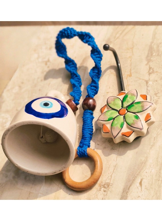 Shopping Shots Pack of 1. Evil Eye Hand Crafted Ceramic Bell with Hand Woven Macrame Rope and 1 Hand Painted Ceramic Hook. for Office, Home Decor - Image 5