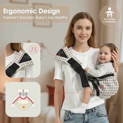 Shiaon Baby Sling Carrier Newborn to Toddler, Adjustable Toddler Carrier Sling Baby Carrier Toddlers Sling Carriers Hip Carriers for 8-40lbs, Brown Houndstooth - Image 3