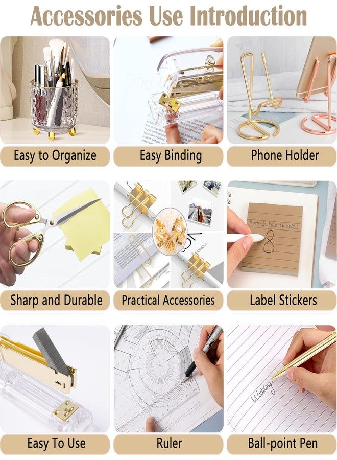 Dimonluce Gold Desk Accessories, Office Desk Organizers and Accessories 360°Pen Holder Acrylic Stapler Set, Phone Holder, Ballpoint Pen, Scissor, Binder Clips, Ruler, Transparent Glue, Sticky Note and Staples. - Image 5