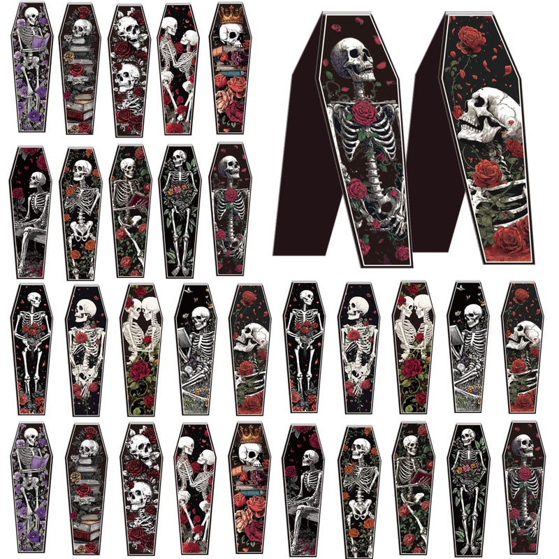 MENIFEND 30 Pcs Gothic Skeleton Magnetic Bookmarks, Coffin-Shaped Rose and Skull Book Mark Clips for Book Lovers, Dark Romance Magnet Page Markers for Women Men, Halloween Bookish Gifts - Image 1