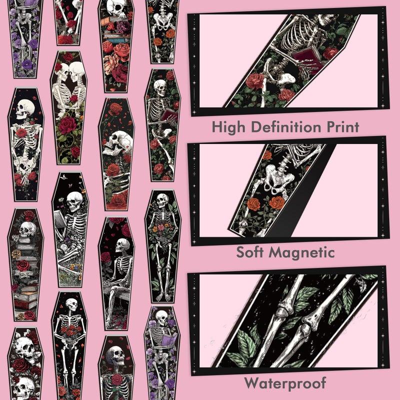MENIFEND 30 Pcs Gothic Skeleton Magnetic Bookmarks, Coffin-Shaped Rose and Skull Book Mark Clips for Book Lovers, Dark Romance Magnet Page Markers for Women Men, Halloween Bookish Gifts - Image 3