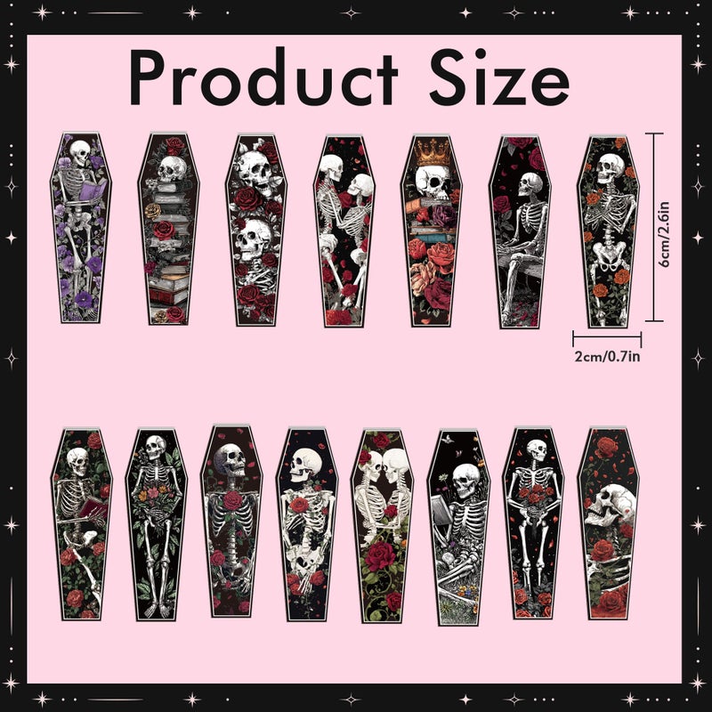 MENIFEND 30 Pcs Gothic Skeleton Magnetic Bookmarks, Coffin-Shaped Rose and Skull Book Mark Clips for Book Lovers, Dark Romance Magnet Page Markers for Women Men, Halloween Bookish Gifts - Image 2
