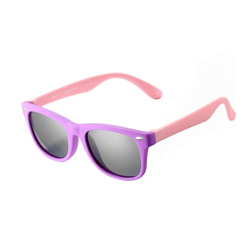 AZorb Kids Polarized Sunglasses TPEE Rubber Flexible Frame for Boys Girls Age 3-8, 100% UV Protection (Purple Pink/Grey) - Image 1