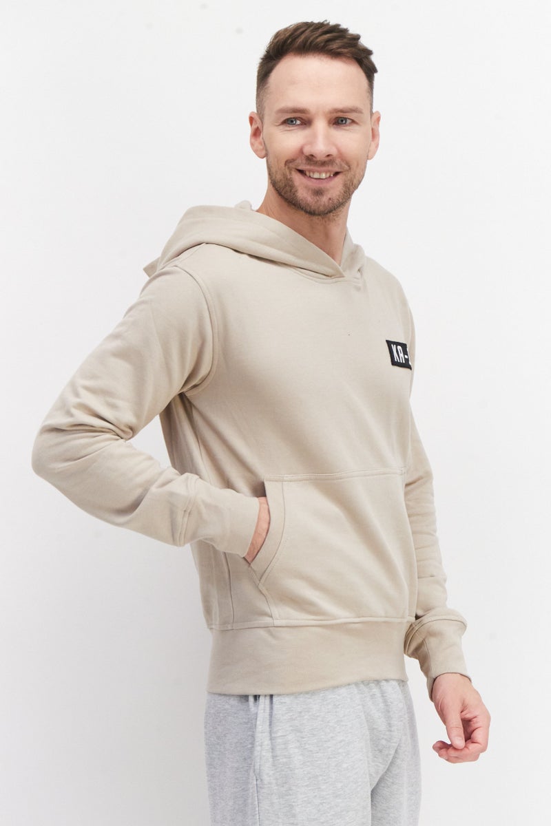 KA-1 Men Hooded Long Sleeve Patched Logo Sweatshirt, Beige - Image 2