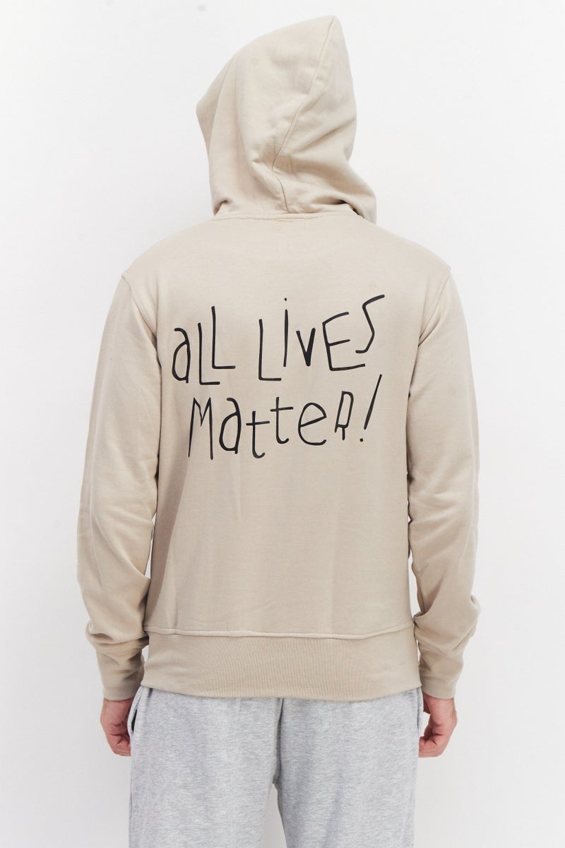 KA-1 Men Hooded Long Sleeve Patched Logo Sweatshirt, Beige - Image 4