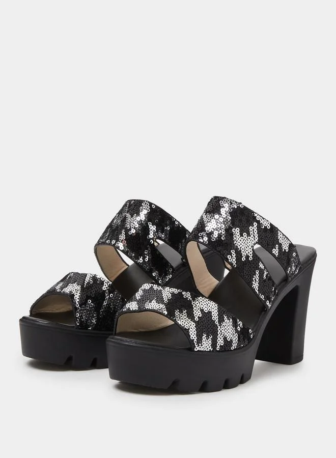 Take Two  Black Sequin Platform Mules with Block Heel for Women | Best Price UAE