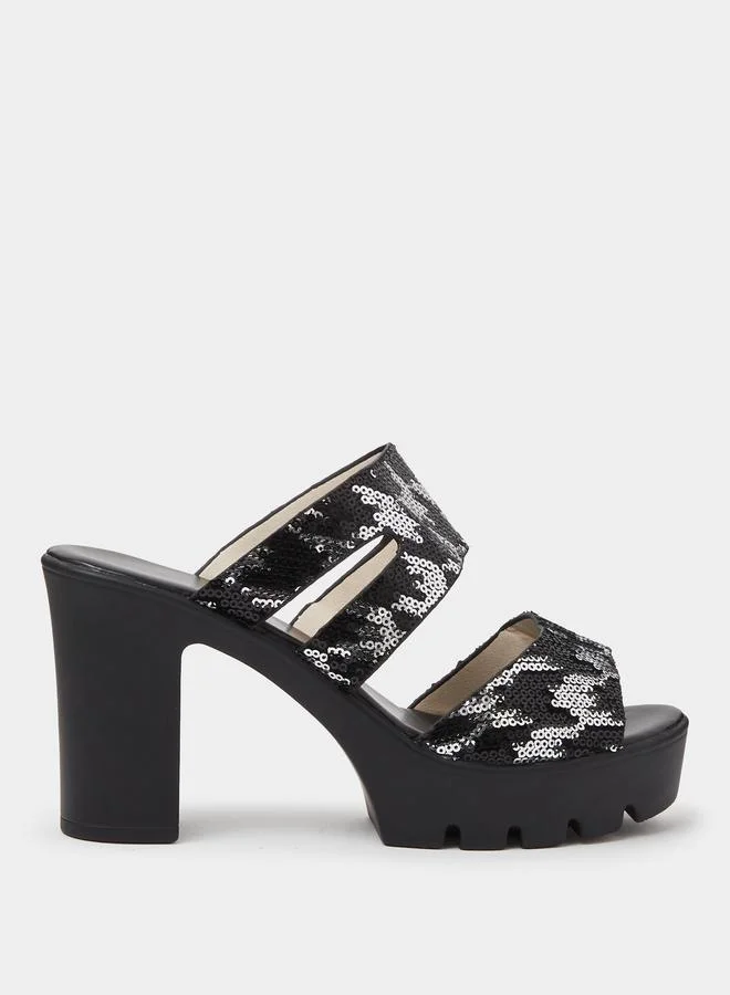 Take Two  Black Sequin Platform Mules with Block Heel for Women | Best Price UAE