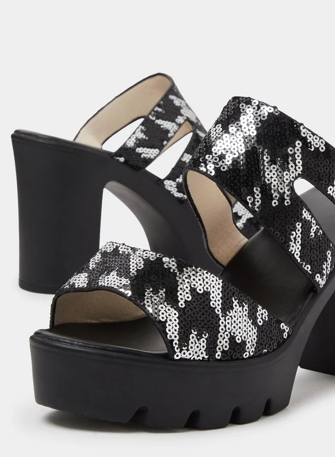 Black Sequin Platform Mules with Block Heel