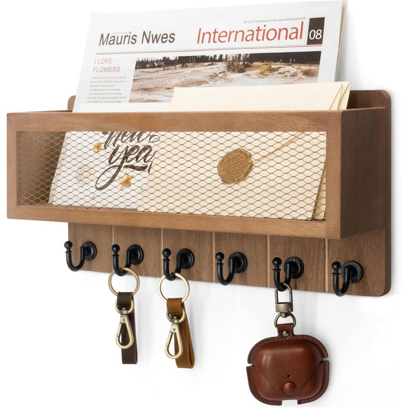 Rebee Vision Rebee Vision Farmhouse Key Holder for Wall with Mail Storage Basket : Decorative Wall Mount Organizer with 6 Sturdy Wall Hooks and Wooden Key Rack - Rustic Home Decor (Retro Brown)  - Image 1