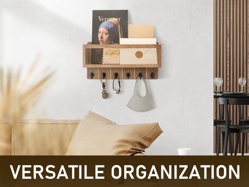 Rebee Vision Rebee Vision Farmhouse Key Holder for Wall with Mail Storage Basket : Decorative Wall Mount Organizer with 6 Sturdy Wall Hooks and Wooden Key Rack - Rustic Home Decor (Retro Brown)  - Image 3