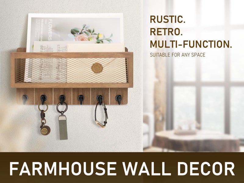Rebee Vision Rebee Vision Farmhouse Key Holder for Wall with Mail Storage Basket : Decorative Wall Mount Organizer with 6 Sturdy Wall Hooks and Wooden Key Rack - Rustic Home Decor (Retro Brown)  - Image 2