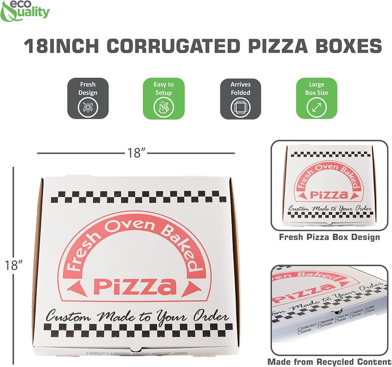 EcoQuality [5 Pack White Corrugated Cardboard Pizza Boxes 18x18 inch Clay Coated Lock Corner - Takeout Containers, Perfect Pizza Box, Kraft, Fresh Baked Design, Recyclable - Image 4