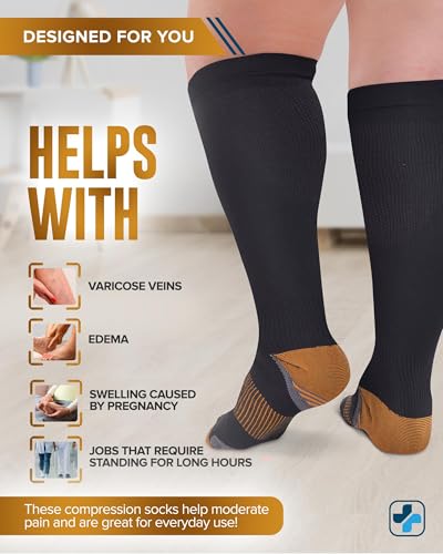 Doctor's Select Copper Plus Size Compression Socks Wide Calf - 2 Pairs | 20-30mmHg Extra Wide Calf Compression Sock Women | Copper Socks for Swelling, Varicose Veins | Extra Wide Calf Compression Sock | Black Wide Compression Socks for Women & Men - Image 5