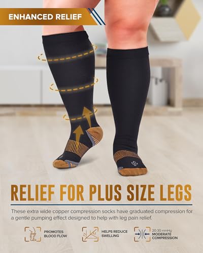 Doctor's Select Copper Plus Size Compression Socks Wide Calf - 2 Pairs | 20-30mmHg Extra Wide Calf Compression Sock Women | Copper Socks for Swelling, Varicose Veins | Extra Wide Calf Compression Sock | Black Wide Compression Socks for Women & Men - Image 2