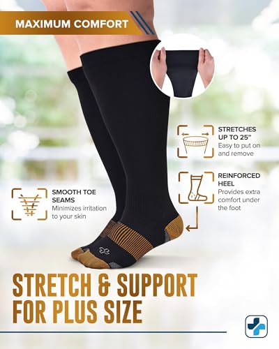 Doctor's Select Copper Plus Size Compression Socks Wide Calf - 2 Pairs | 20-30mmHg Extra Wide Calf Compression Sock Women | Copper Socks for Swelling, Varicose Veins | Extra Wide Calf Compression Sock | Black Wide Compression Socks for Women & Men - Image 4