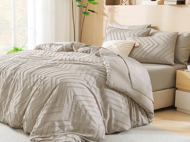 Litanika California King Size Comforter Set with Sheets Beige - 7 Pieces Bed in a Bag Cal King Chevron Tufted Complete Bedding Sets with Comforter, Sheets, Pillowcases & Shams - Image 2
