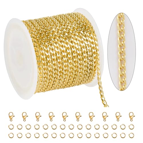 KYUNHOO 16.4FT/5M Stainless Steel Chains for Jewelry Making 18K Gold Chain Spool 5MM Curb Links for Women Mens Crafting with Lobster Clasps Jump Rings - Image 1