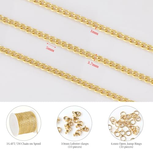 KYUNHOO 16.4FT/5M Stainless Steel Chains for Jewelry Making 18K Gold Chain Spool 5MM Curb Links for Women Mens Crafting with Lobster Clasps Jump Rings - Image 2