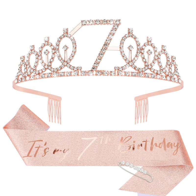 CIEHER 7th Birthday Crown + Sash + Pearl Pin Set, Girls' 7th Birthday Gifts and Happy Party Decorations - Image 1