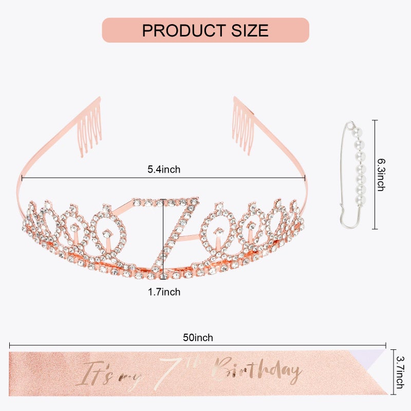 CIEHER 7th Birthday Crown + Sash + Pearl Pin Set, Girls' 7th Birthday Gifts and Happy Party Decorations - Image 4