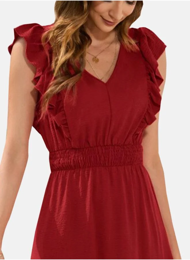 YUNIQEE Maroon V-Neck A-Line Midi Dress