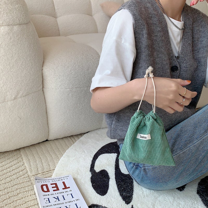 Corduroy Pouch Drawstring Makeup Bag for Women Grass Green 