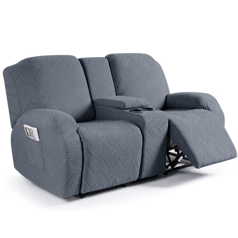 Ruaozz Stretch Loveseat Recliner Covers with Console 4Pieces Recliner Sofa Covers with Pockets Jacquard Reclining Couch Covers Furniture Protector with Elastic Straps Bottom 2 Seater Grey