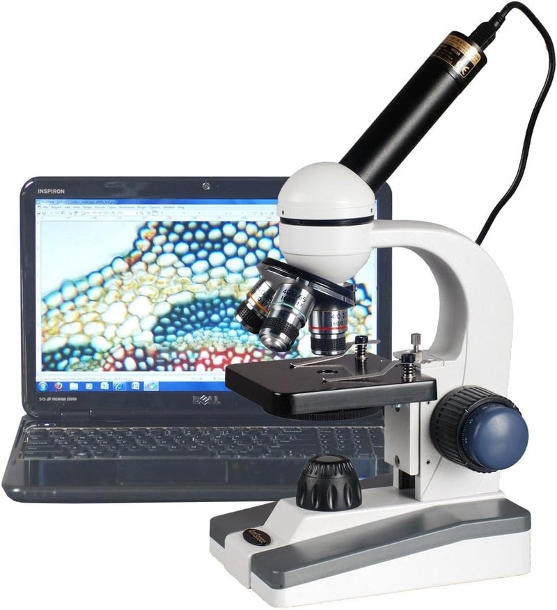 AmScope AmScope M150CE Digital Compound Monocular Microscope WF10x and WF25x Eyepieces 40x1000x Magnification LED Illumination Brightfield SingleLens Condenser Coaxial Coarse and Fine Focus Plain Stage 110V Includes 03MP Camera and Software