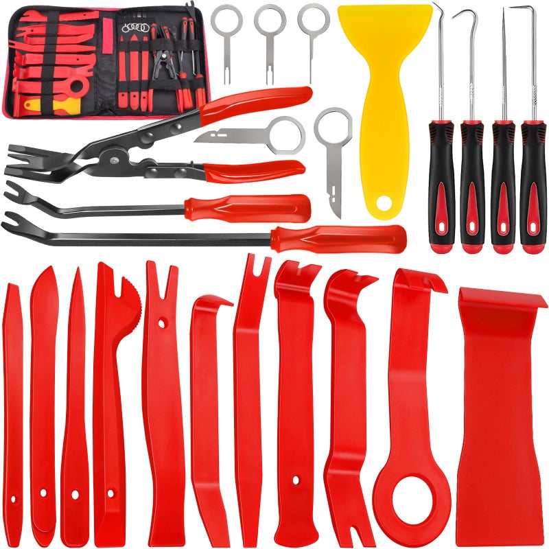 Keze 24Pcs Trim Removal Tool Set with Pick & Clip Removal Tool, Sticker Scraper, Automotive Plastic Pry Tool, Car Panel Door, Stereo, Fastener Remover Kit, for Auto Interior, Molding, Dash(Red) - Image 1