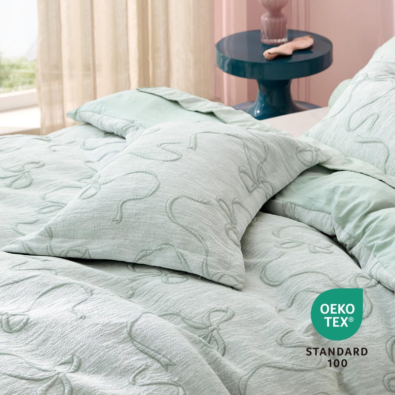 Bedsure Green Duvet Cover Queen Size with Bowknot Jacquard Design, Soft and Elegant Boho Bedding Set, Luxurious Craftsmanship for a Stylish Bedroom,Includes 1 90"x90" Duvet Cover & 2 Pillow Shams - Image 2