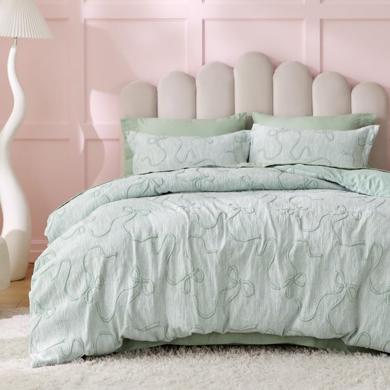 Bedsure Green Duvet Cover Queen Size with Bowknot Jacquard Design, Soft and Elegant Boho Bedding Set, Luxurious Craftsmanship for a Stylish Bedroom,Includes 1 90"x90" Duvet Cover & 2 Pillow Shams - Image 1