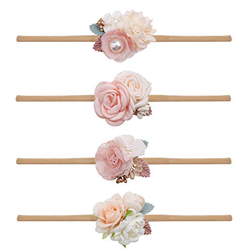 mligril Baby Girl Nylon Headbands Flower Hair Bows AccessoriesElastic Hair Band Crown Handmade FLoral Wraps Birthday Gifts for Girls Newborn Infant Toddler 4Pcs