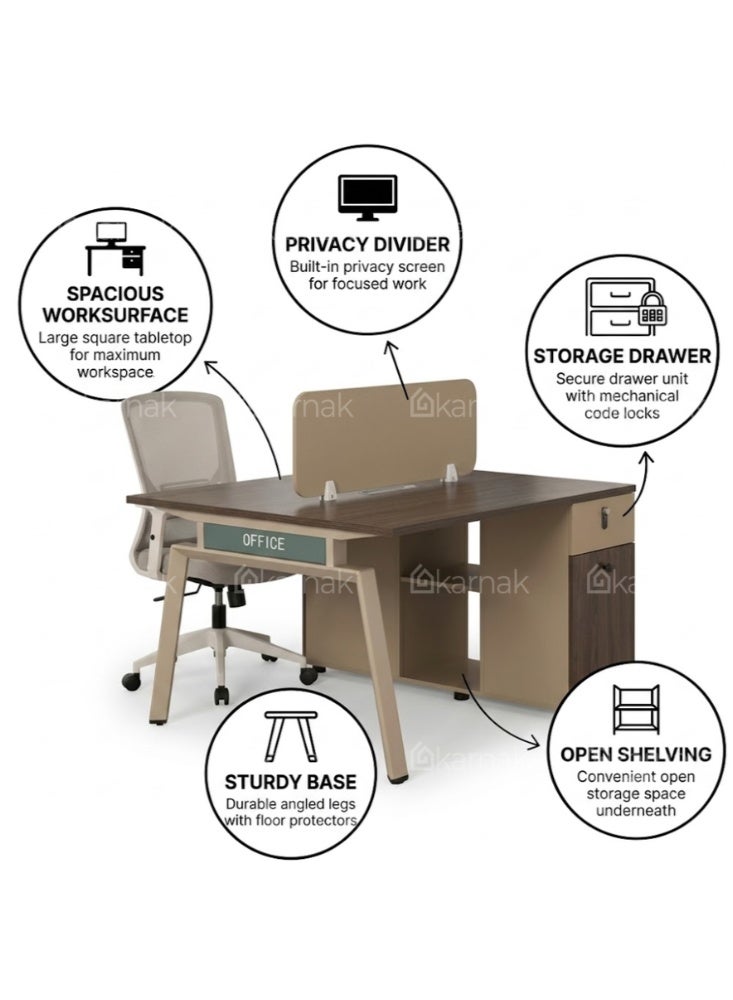 Karnak Azteca 2 Person Office Workstation Desk with Privacy Screen & Storage Drawers Mechanical Lock Computer Table (Oak khaki) - Image 2