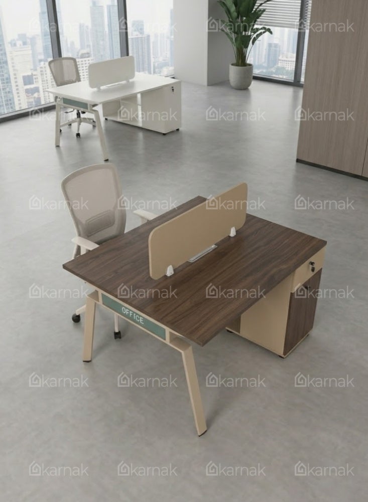 Karnak Azteca 2 Person Office Workstation Desk with Privacy Screen & Storage Drawers Mechanical Lock Computer Table (Oak khaki) - Image 3