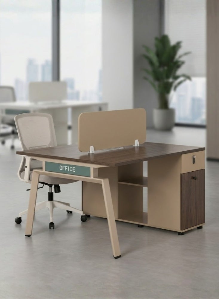 Karnak Azteca 2 Person Office Workstation Desk with Privacy Screen & Storage Drawers Mechanical Lock Computer Table (Oak khaki) - Image 1