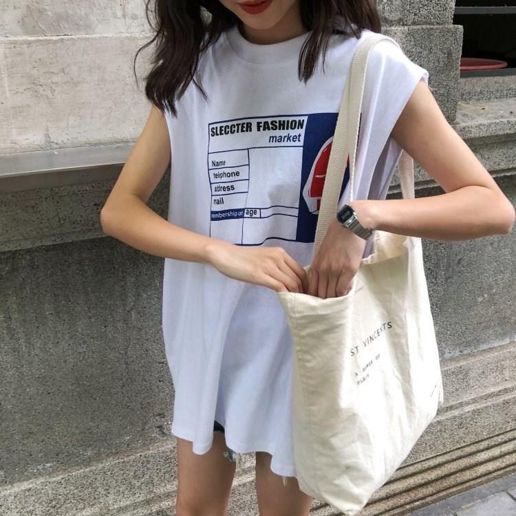2024 Summer Korean Split-Back Sleeveless Tunic T-shirt for Women White - Image 1