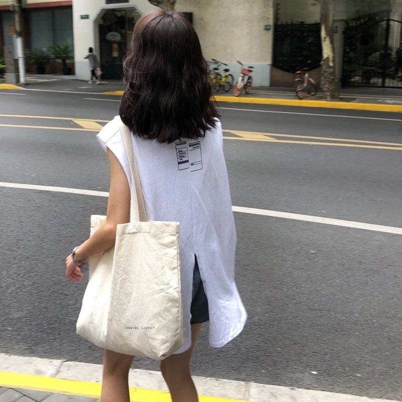 2024 Summer Korean Split-Back Sleeveless Tunic T-shirt for Women White - Image 5