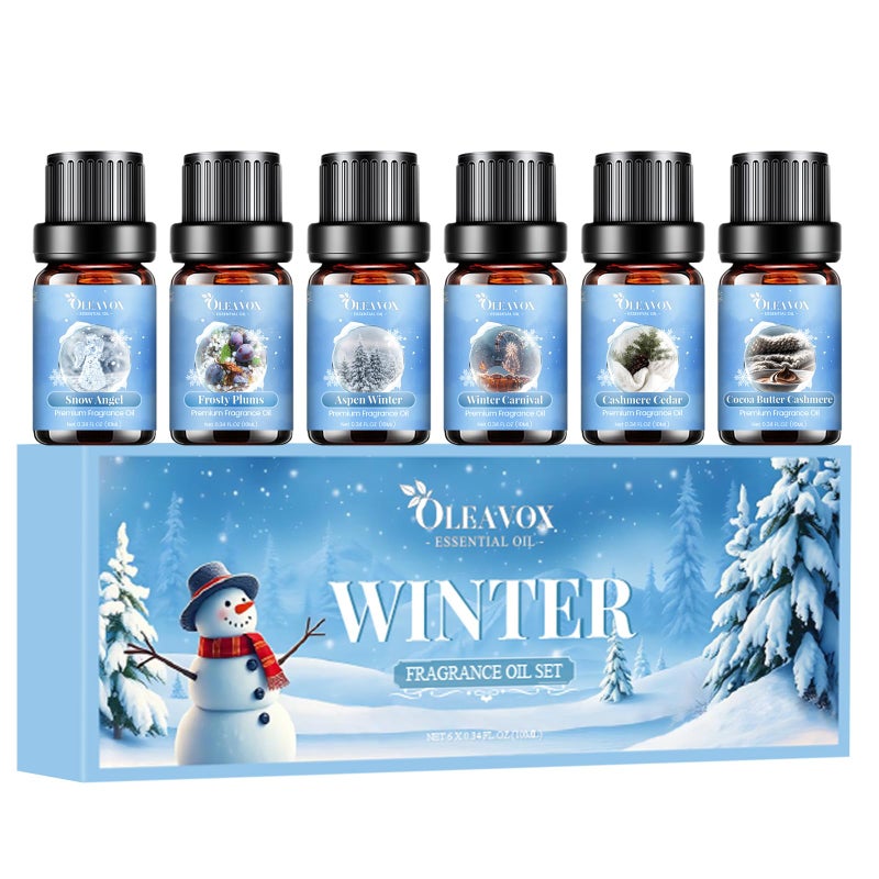 OleaVox Winter Essential Oils Set, 6 Premium Holiday Fragrance Oil for Diffuser, Candle & Soap Making, Frozen Magic, Winter Wonderland, Hot Cocoa, Frosted Fir, Warm Sweater, Log Fire, Scented Oils for Home - Image 1