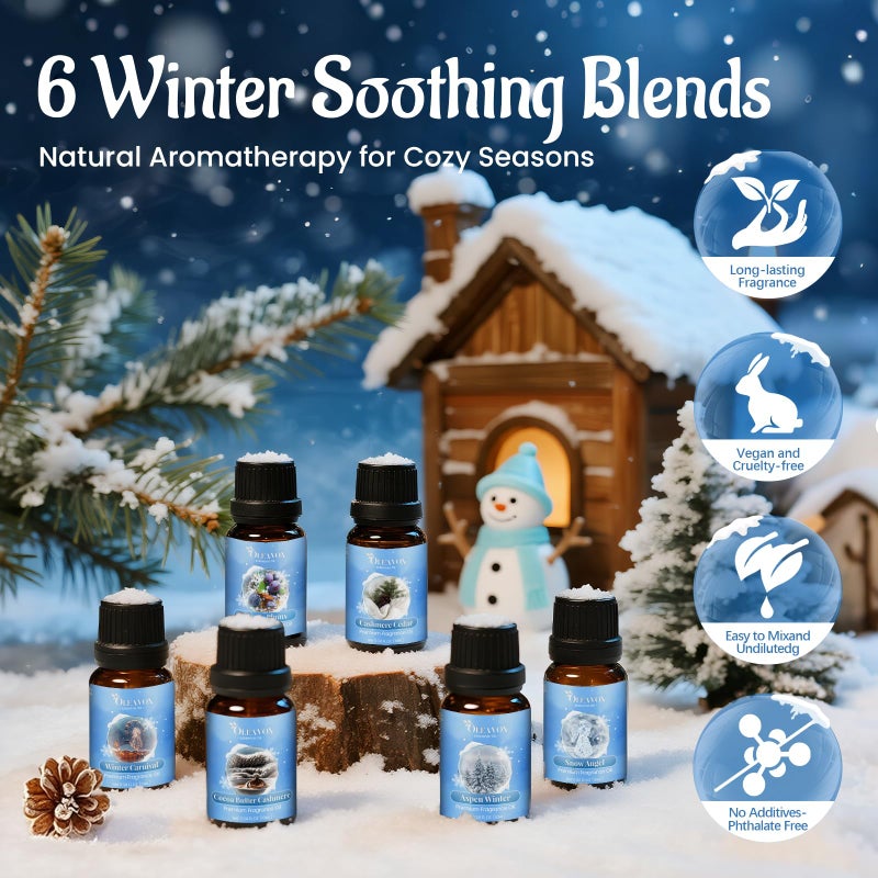 OleaVox Winter Essential Oils Set, 6 Premium Holiday Fragrance Oil for Diffuser, Candle & Soap Making, Frozen Magic, Winter Wonderland, Hot Cocoa, Frosted Fir, Warm Sweater, Log Fire, Scented Oils for Home - Image 2