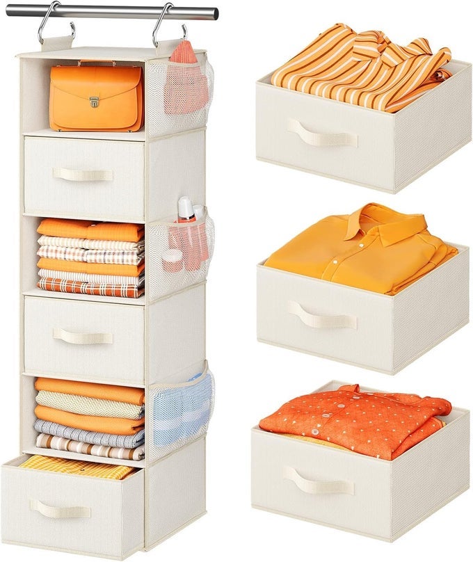 HANGING CLOSET ORGANIZER 6SHELF HANGING SHELVES FOR CLOSET WITH 3 REMOVABLE DRAWERS SIDE POCKETS HANGING SHELF ORGANIZER FOR BEDROOM OR GARMENT RACK 12 X 12 X 433 WHITE